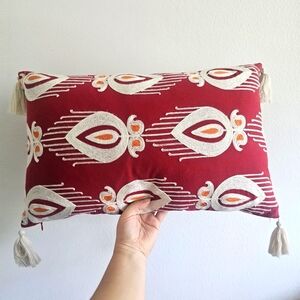 Unbranded Red Bohemian Embroidered Print Tassel Throw Pillow